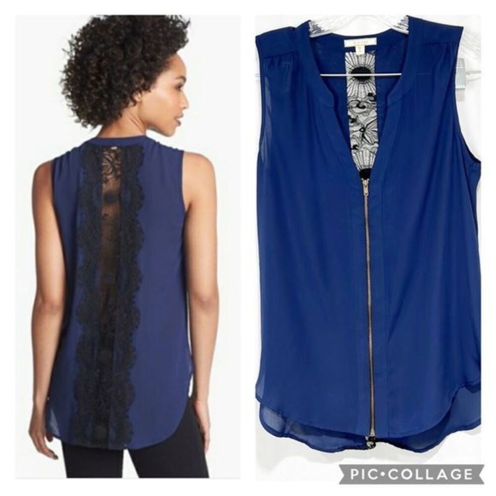 Pleione Front Zip Lace Inset Top Navy Blue and Black Lace XS